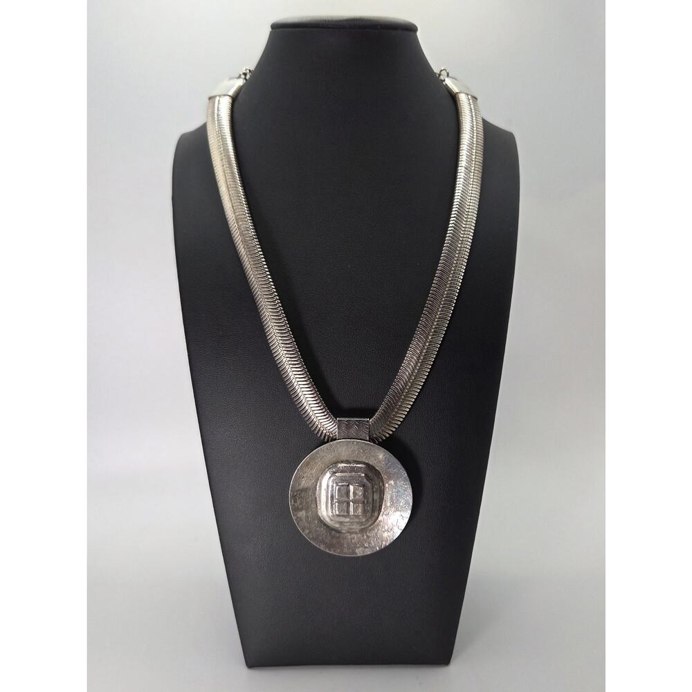 Brutalist Statement Necklace Silver Tone Omega Chain Large Circular Pendant 80's